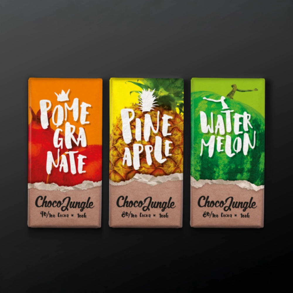 Choco Jungle chocolate bars with tropical fruit illustrations