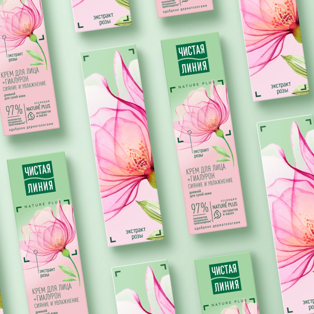 Clean Line cosmetics with green backgrounds and botanical illustrations