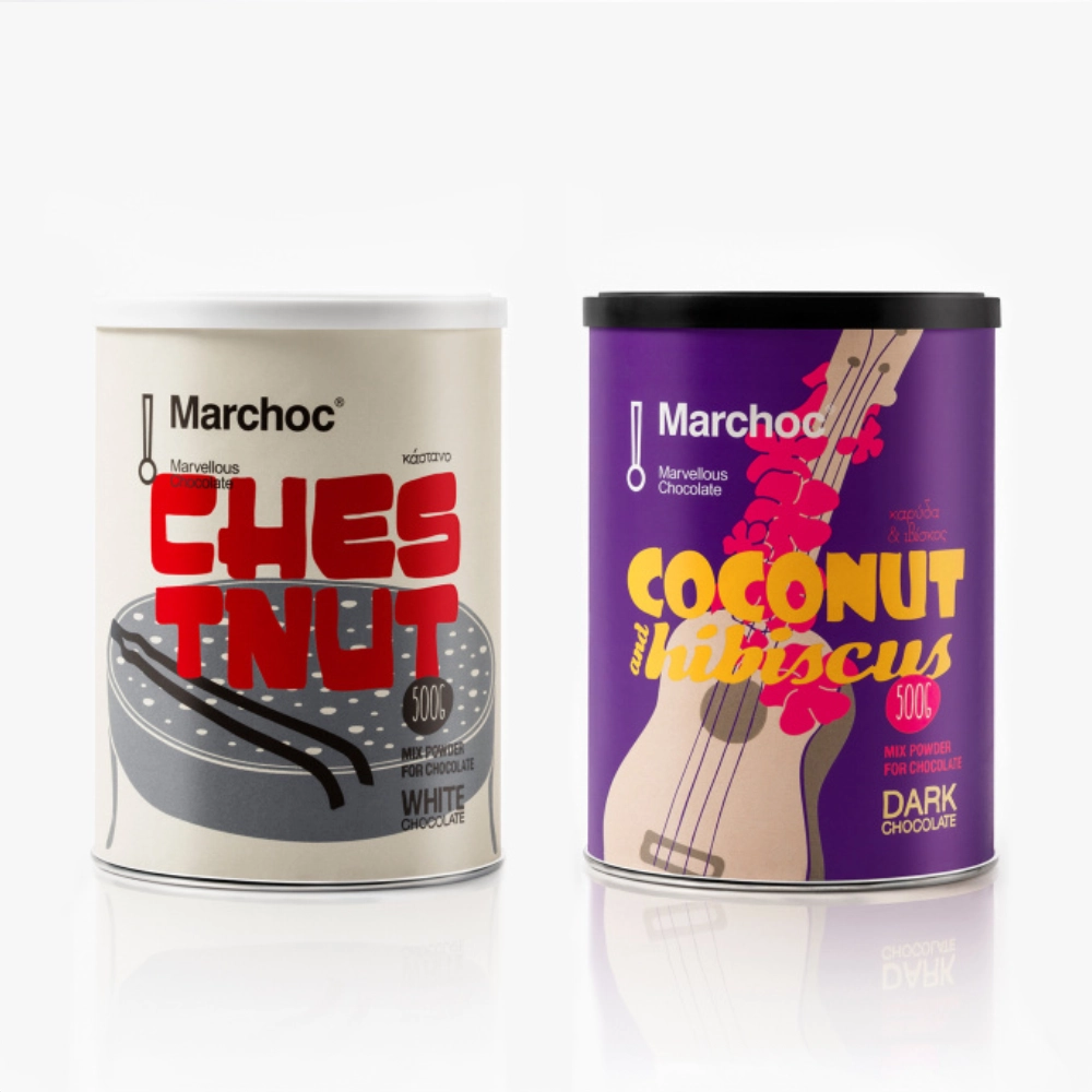 Marchoc chocolate drink powder tins with artistic illustrations