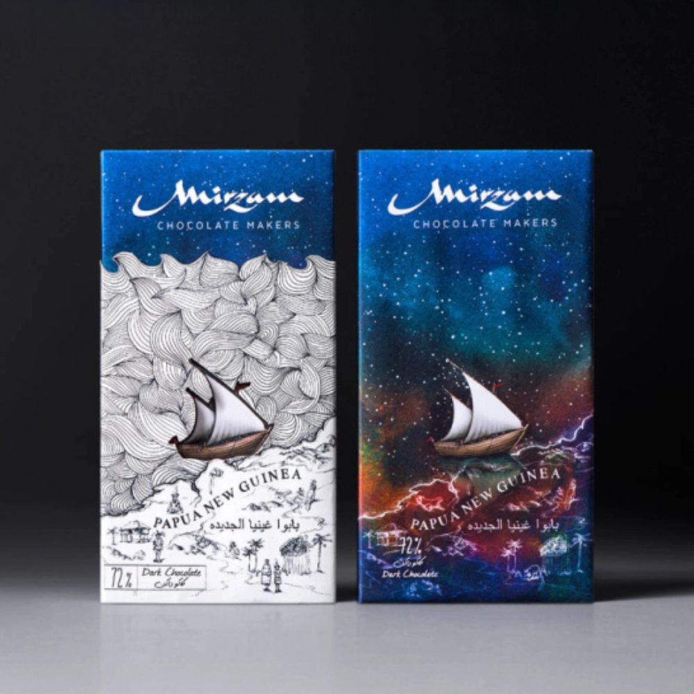 Mirzam chocolate bar packaging with spice route illustrations