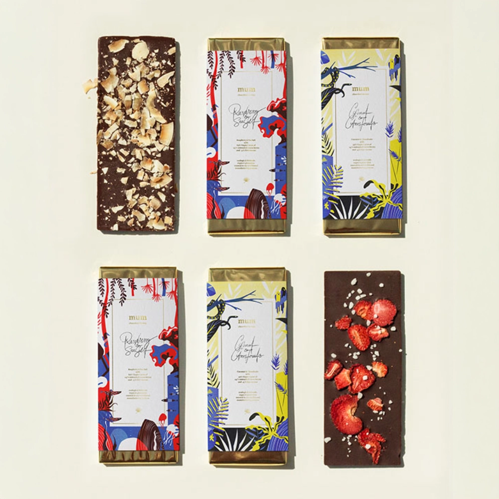Mom's Chocolate Factory organic packaging with tropical plant patterns