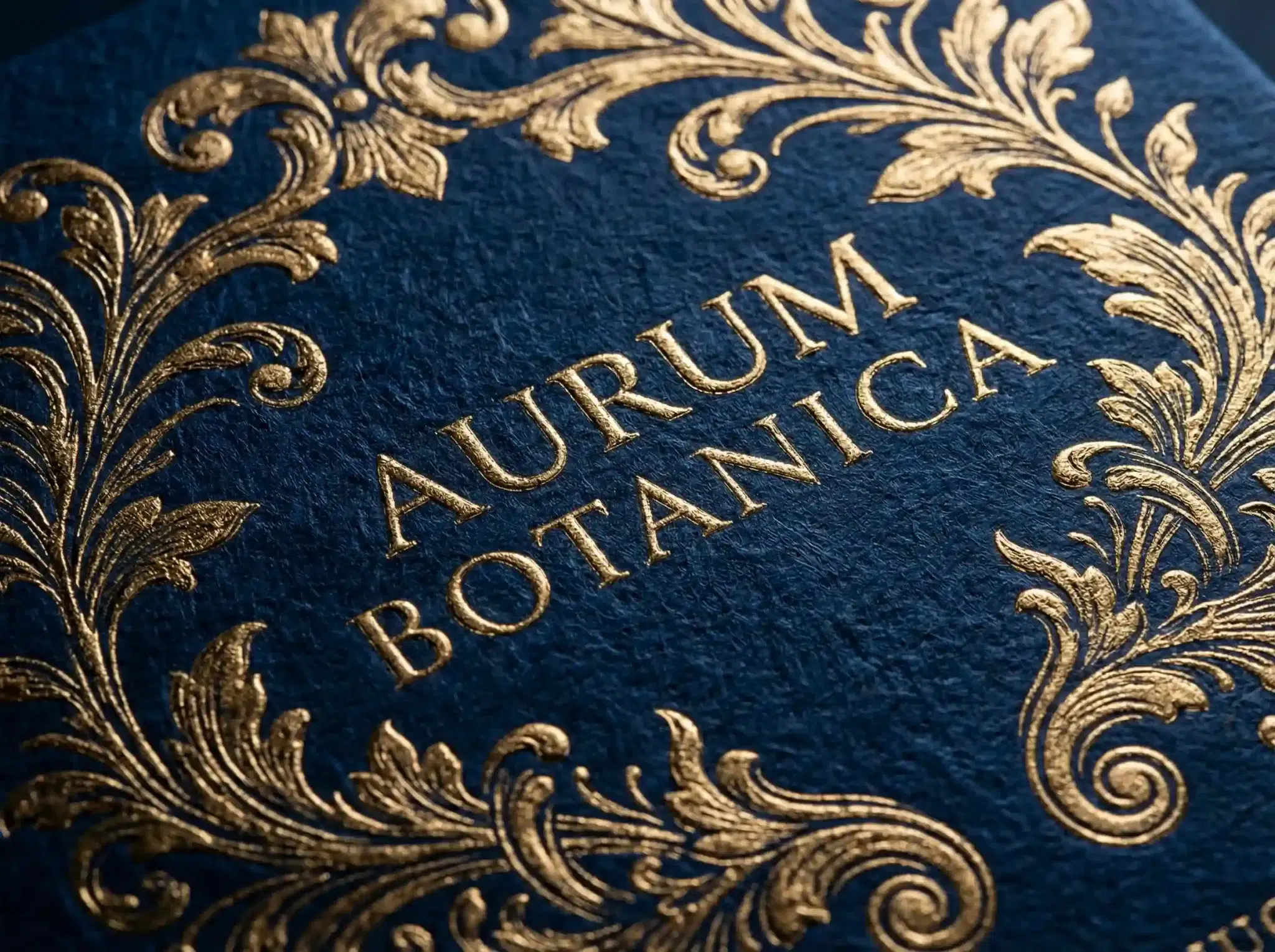 Close-up of gold foil embossing on deep blue textured fragrance packaging with ornate botanical patterns