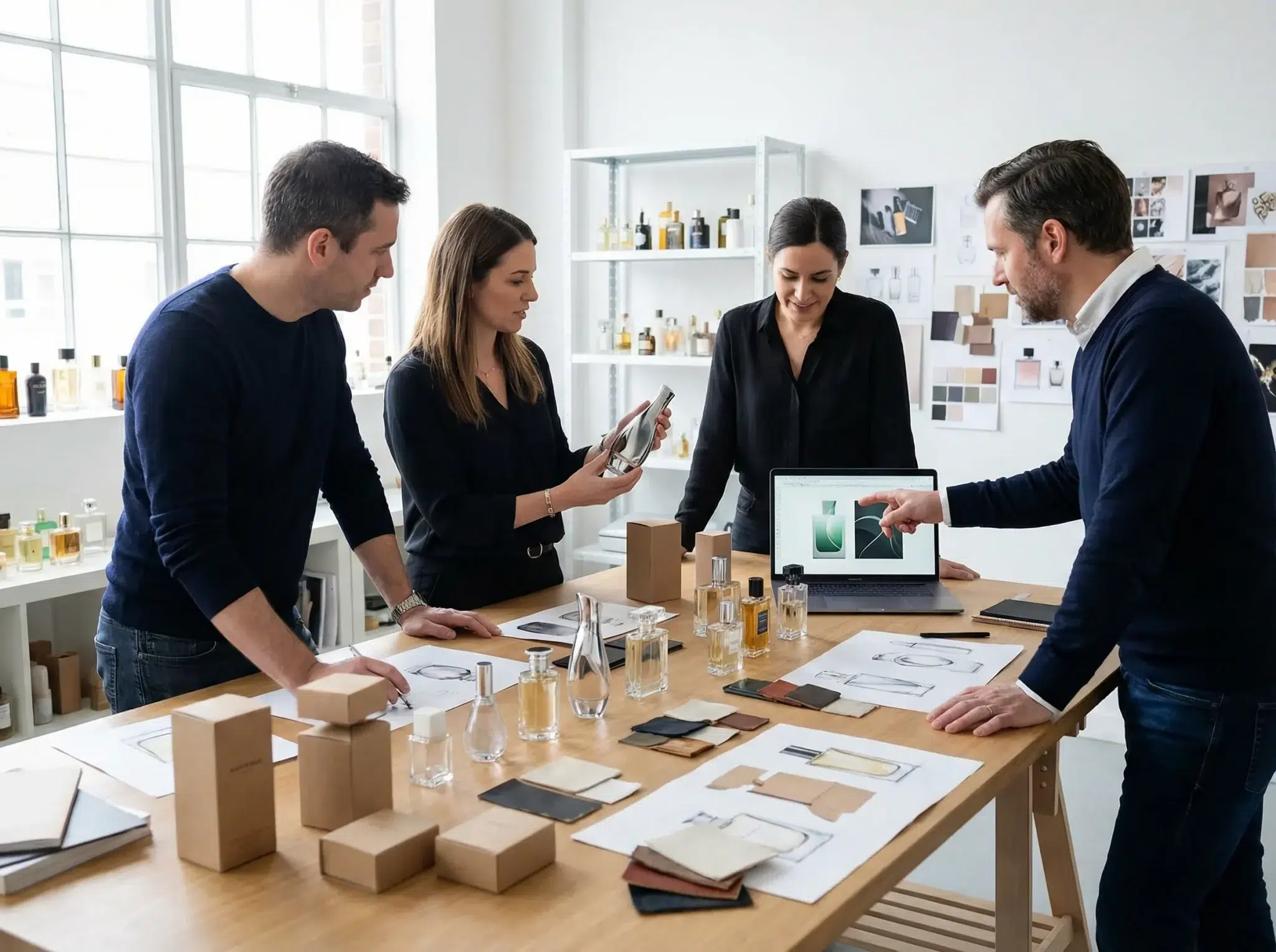 Design team collaborating on fragrance packaging concepts with material samples and prototypes