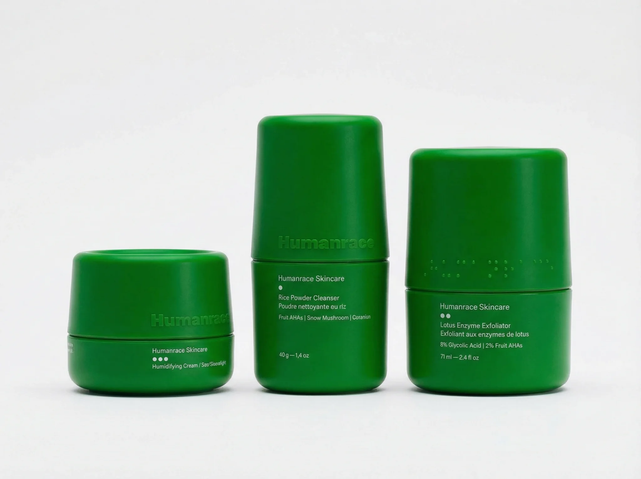 Humanrace green refillable skincare packaging with braille