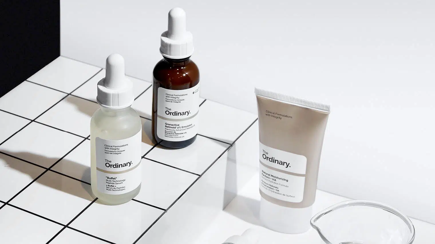 The Ordinary packaging with chemistry lab aesthetic