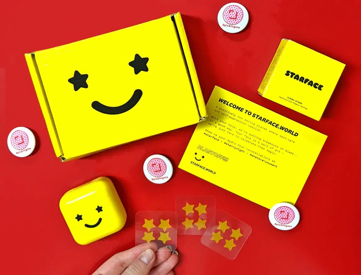 Starface refillable patch packaging with bold branding