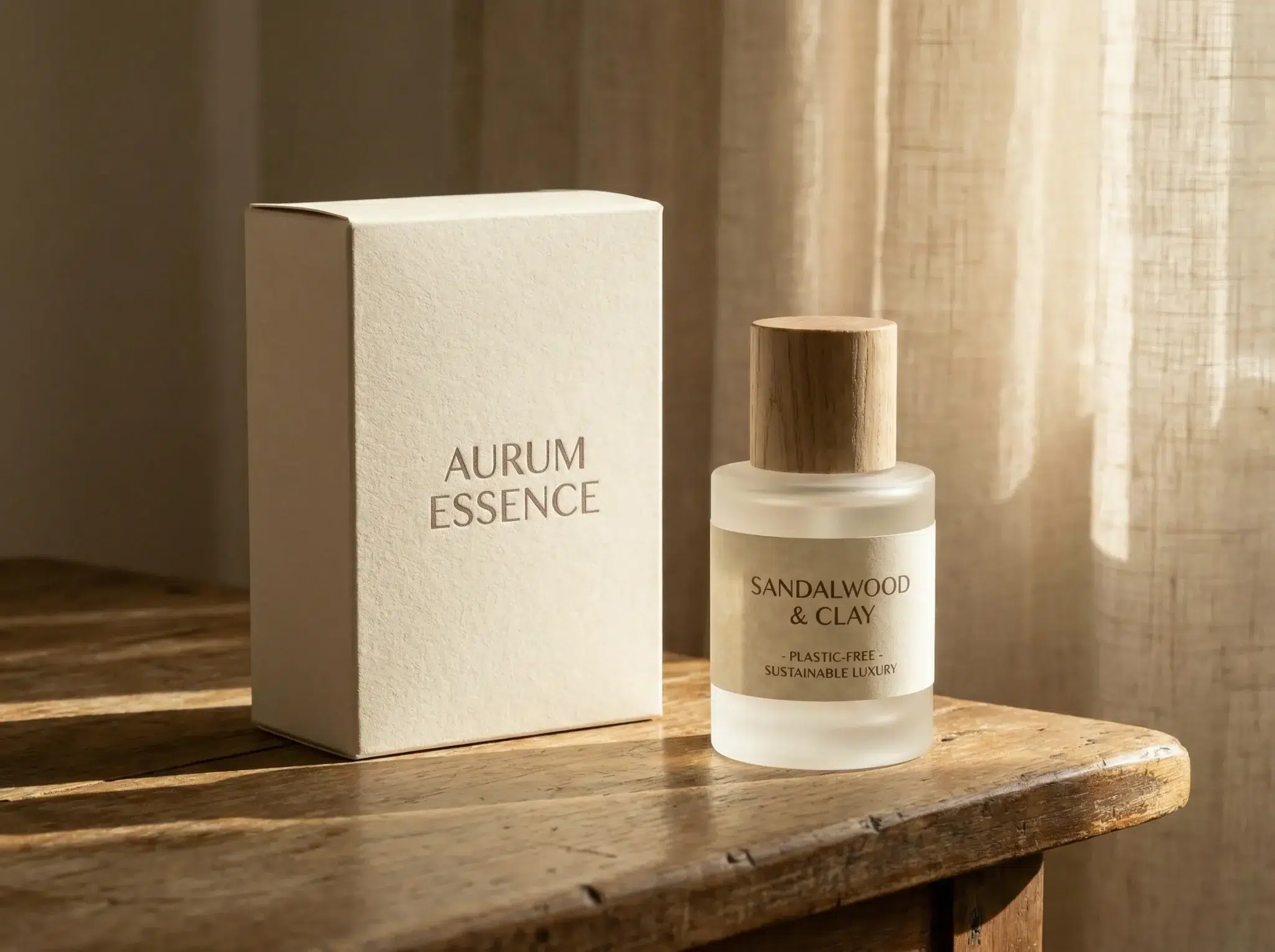 Minimalist eco-friendly fragrance packaging with natural textured paper box and wooden cap bottle