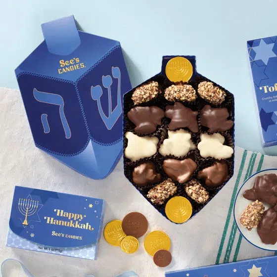 See's blue dreidel shaped Hanukkah chocolate gift box